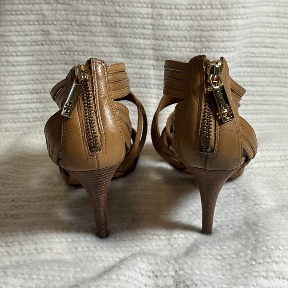Tory Burch Liv Cage Gladiator Shoes Brown Leather Zipper Heels Open‎ Toe Size 8 - Picture 5 of 10